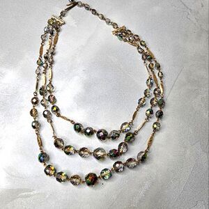 Crystal Necklace W.Germany, Aurora Borealis, Glass, 3-Strand Vintage Necklace